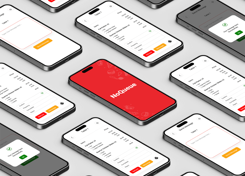 Smartphone displays of NoQueue app with order details and customer messaging features