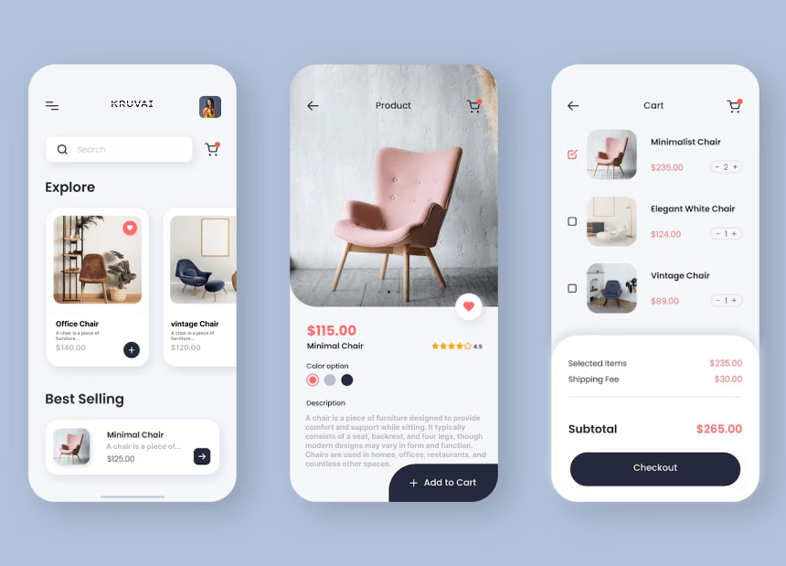 Explore App-Modern furniture e-commerce with minimalist chairs, cart summary, and checkout flow.
