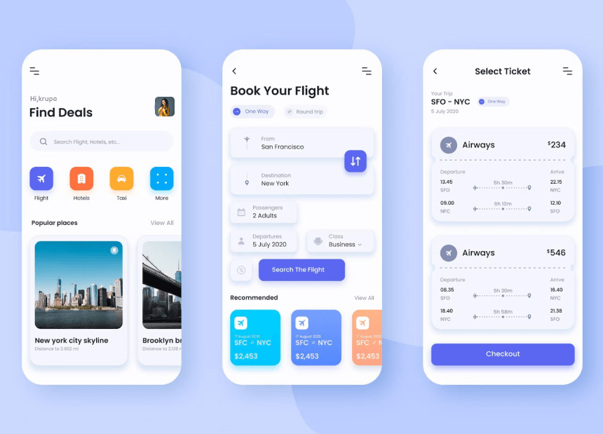 User-friendly flight search platform displaying round-trip/one-way options, passenger selection, and business class filters.