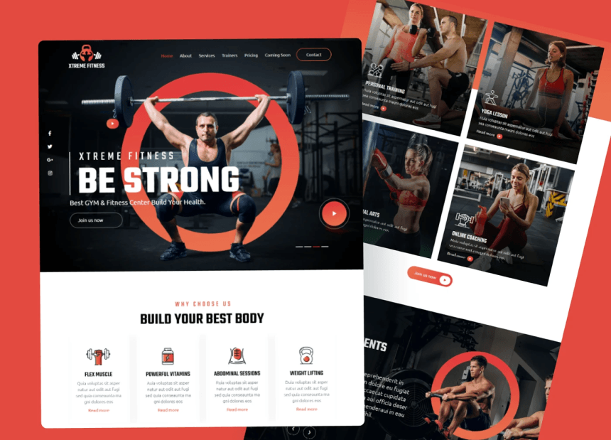 Gym web template featuring coaching, yoga, and martial arts sections