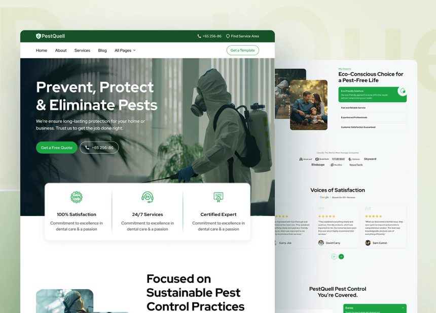 Professional pest control service homepage with expert support