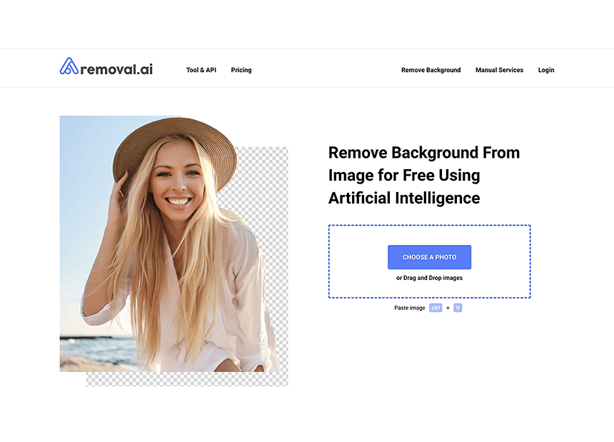 AI background removal tool interface with upload/drag-and-drop zone