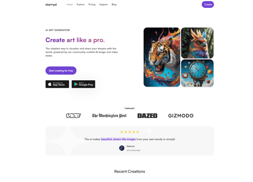 StaryAI homepage featuring AI-generated artwork, app store links, media mentions, and a user testimonial