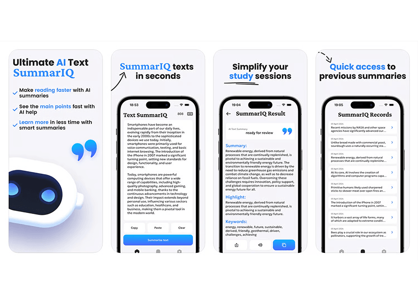 AI summary app interface for reading faster with SummarIQ