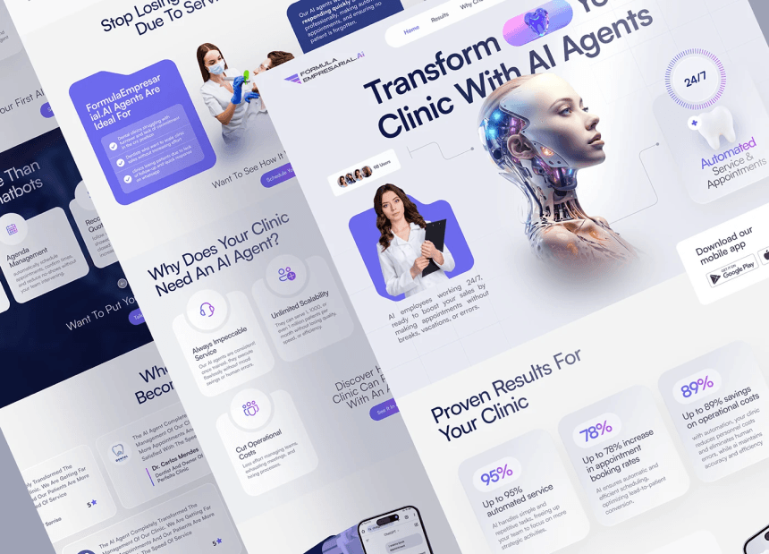 AI healthcare landing page showing robotic assistant and automated clinic solutions