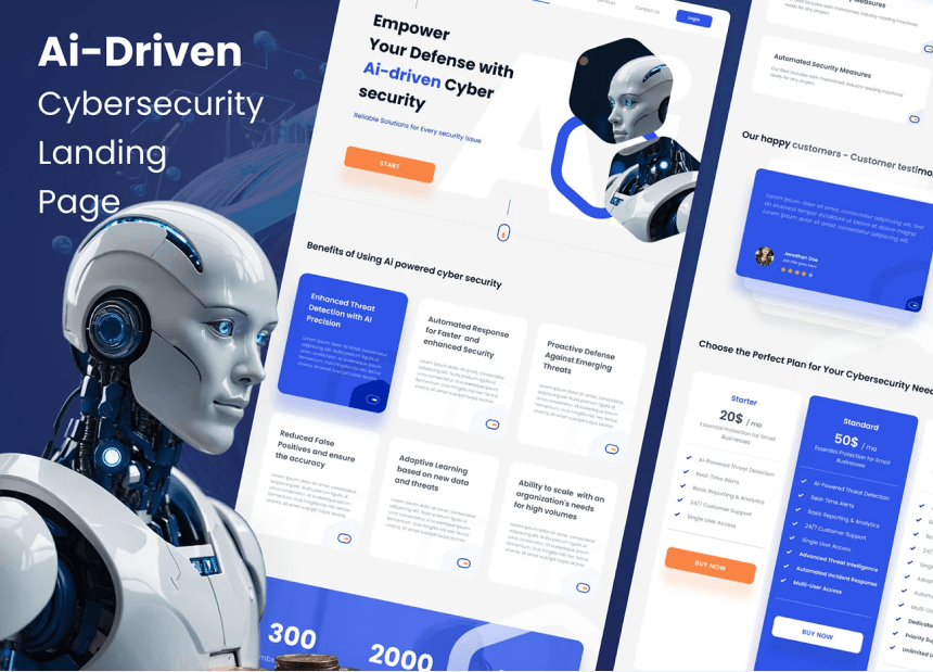 Modern website UI showcasing AI-powered threat detection benefits